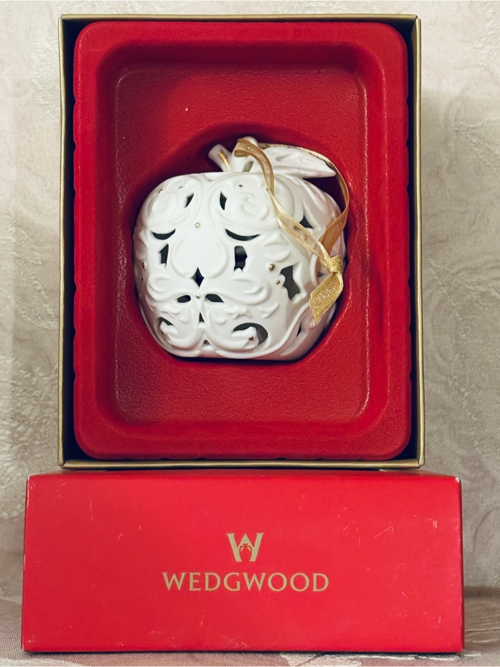 Vintage Wedgwood White Porcelain Apple Ornament Gold Accent with Box